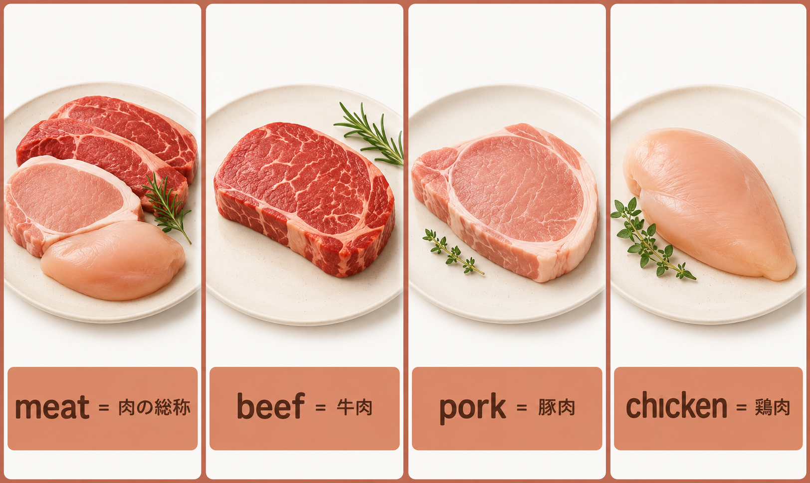 meat、beef、pork、chickenの違いを日本語と英語で示す図解