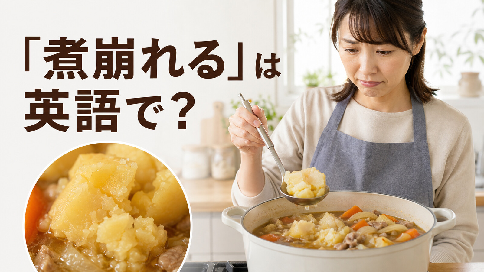 「煮崩れる」は英語で？fall apart while cookingを学ぶアイキャッチ