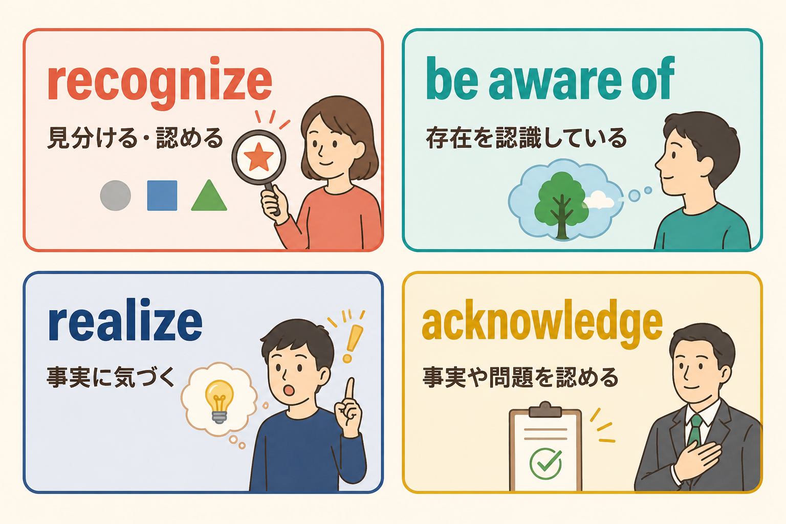 recognize・be aware of・realize・acknowledgeのニュアンス比較