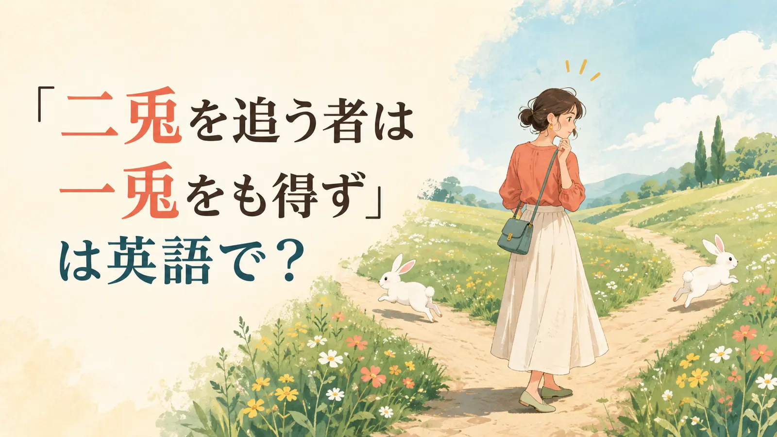 「二兎を追う者は一兎をも得ず」は英語で?二方向へ走る二匹の兎と女性のイラスト