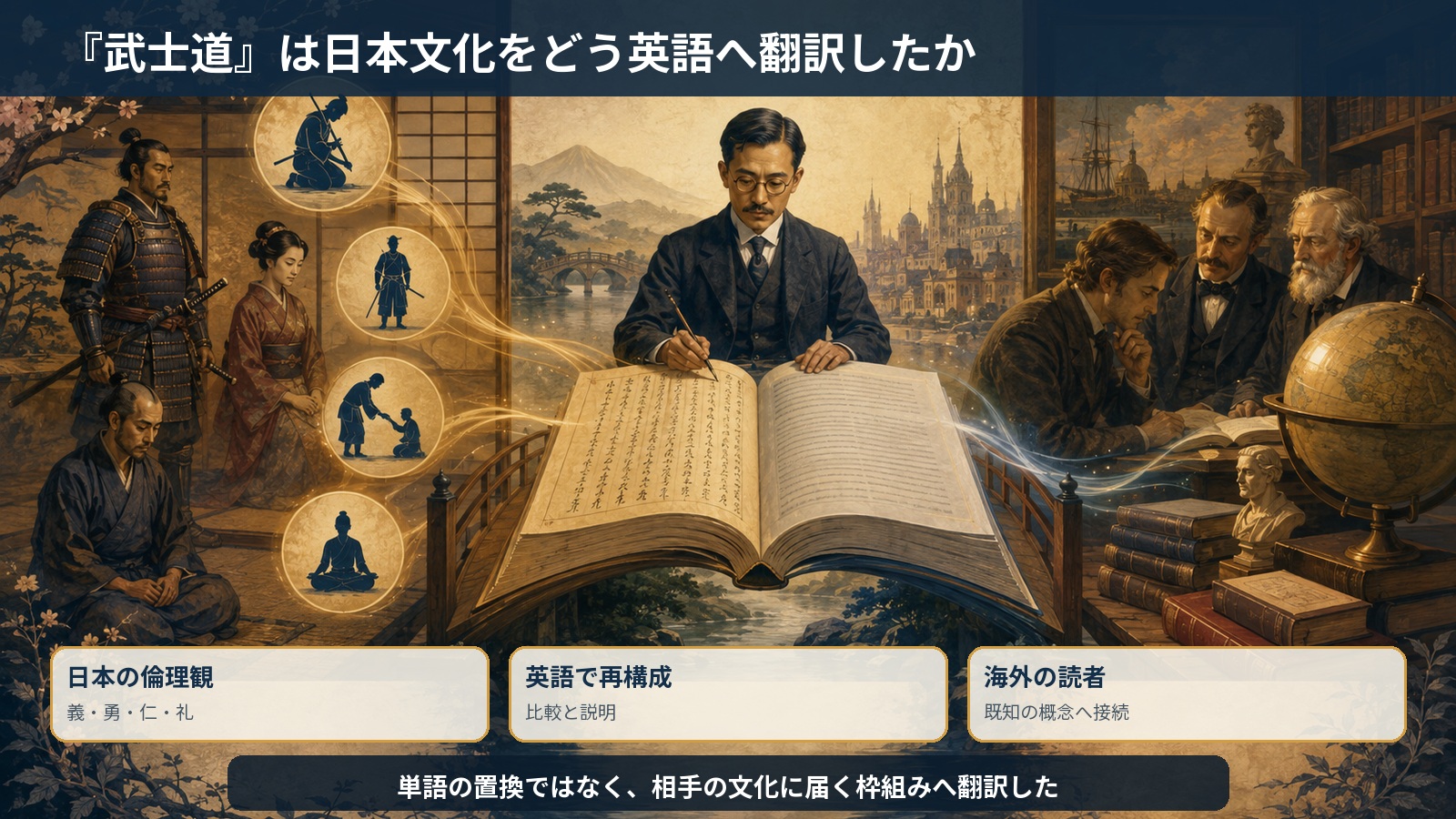 日本の武士道を英語と西洋の概念で海外読者へ説明する文化翻訳の図