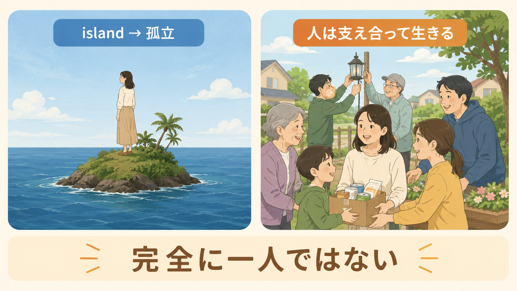 No man is an island.の直訳と実際のニュアンスを比べる解説イラスト