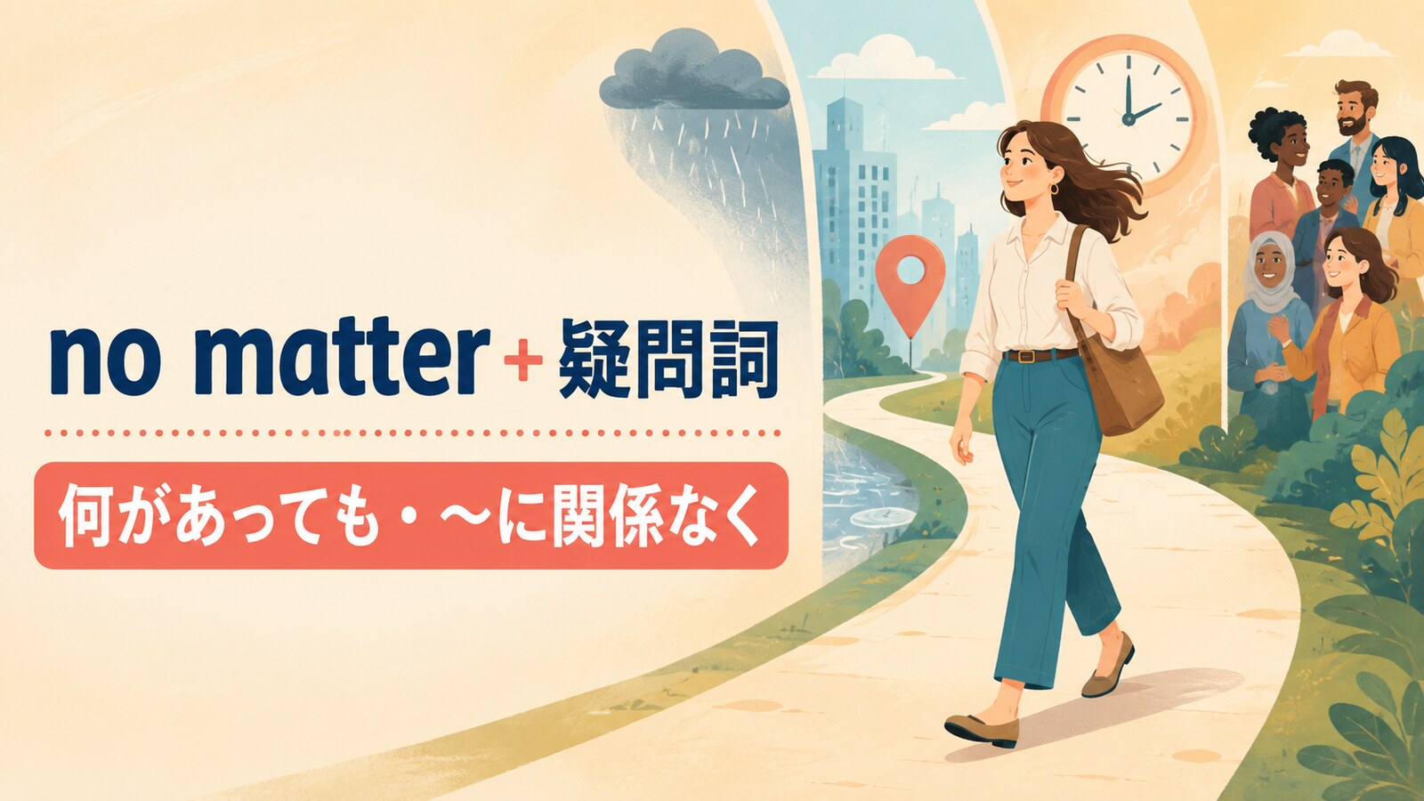 no matter＋疑問詞（何があっても・関係なく）の意味を表す英語学習イラスト