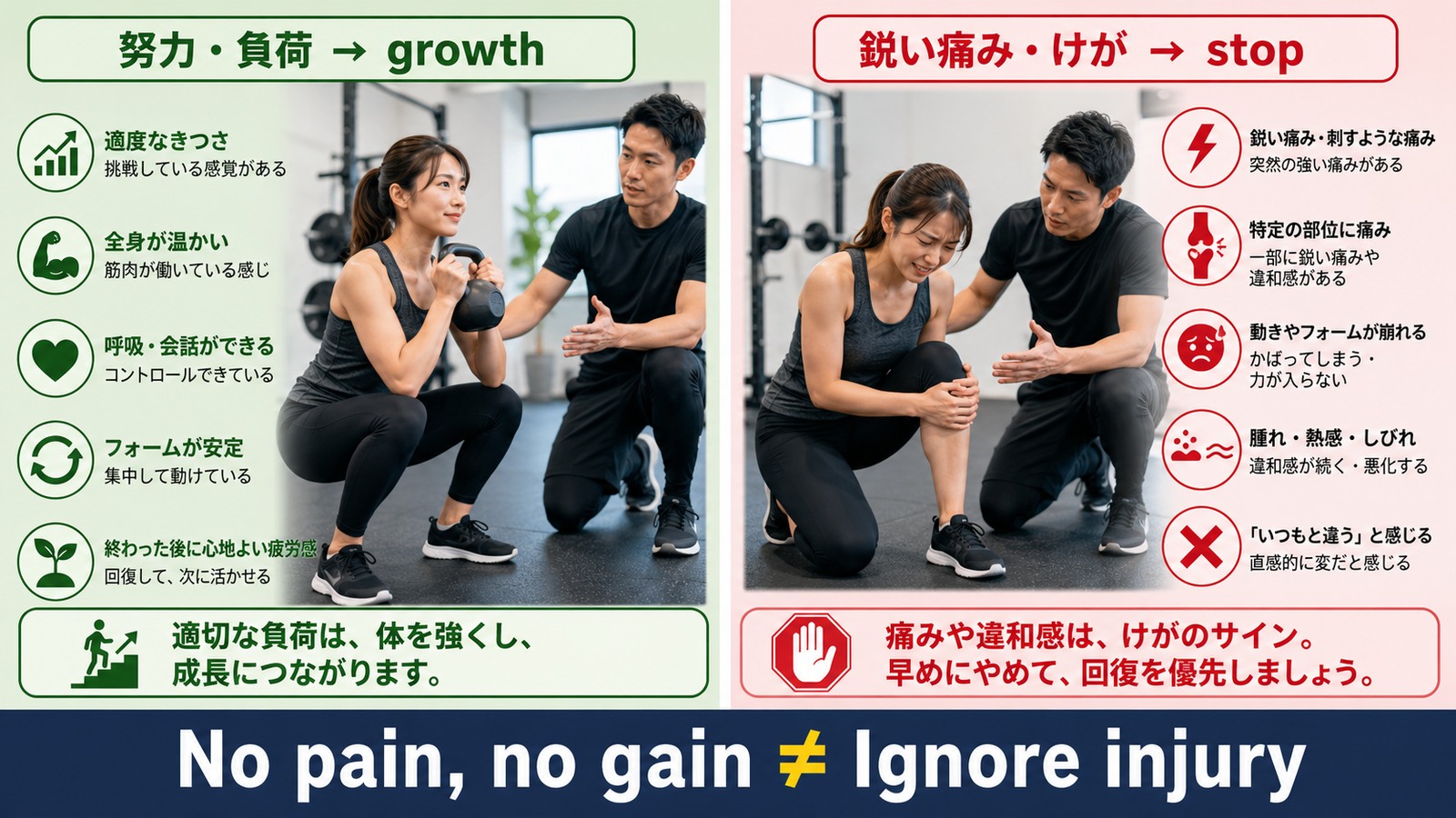No pain, no gain.の直訳・ニュアンス・注意点を比較する解説イラスト