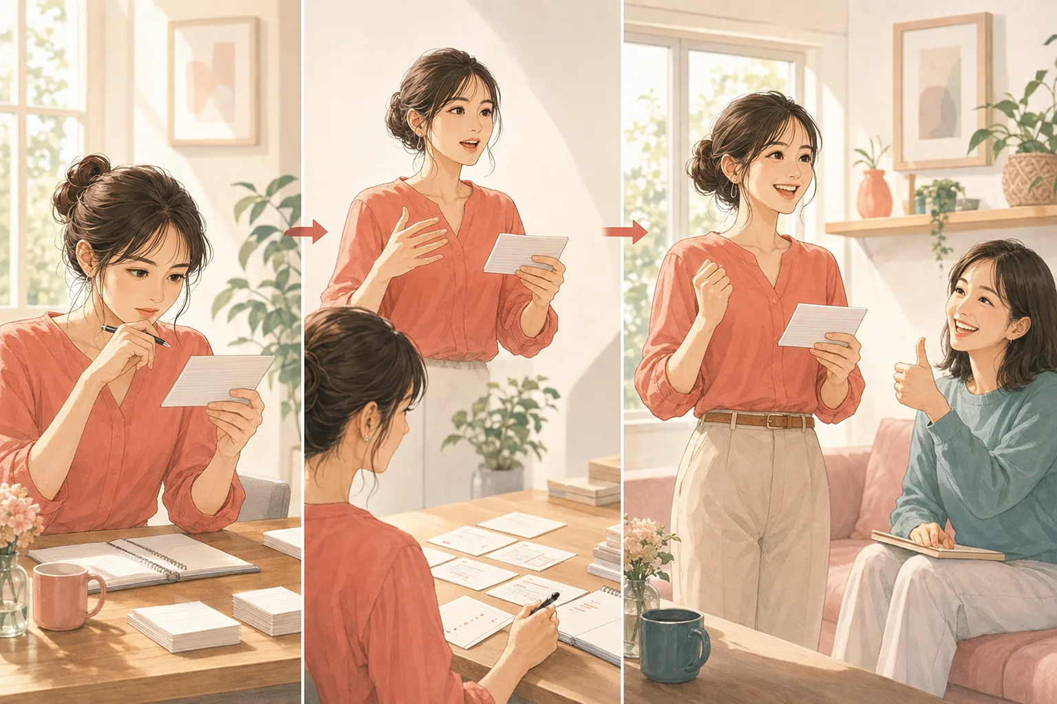英語プレゼンの練習を重ねて上達する女性