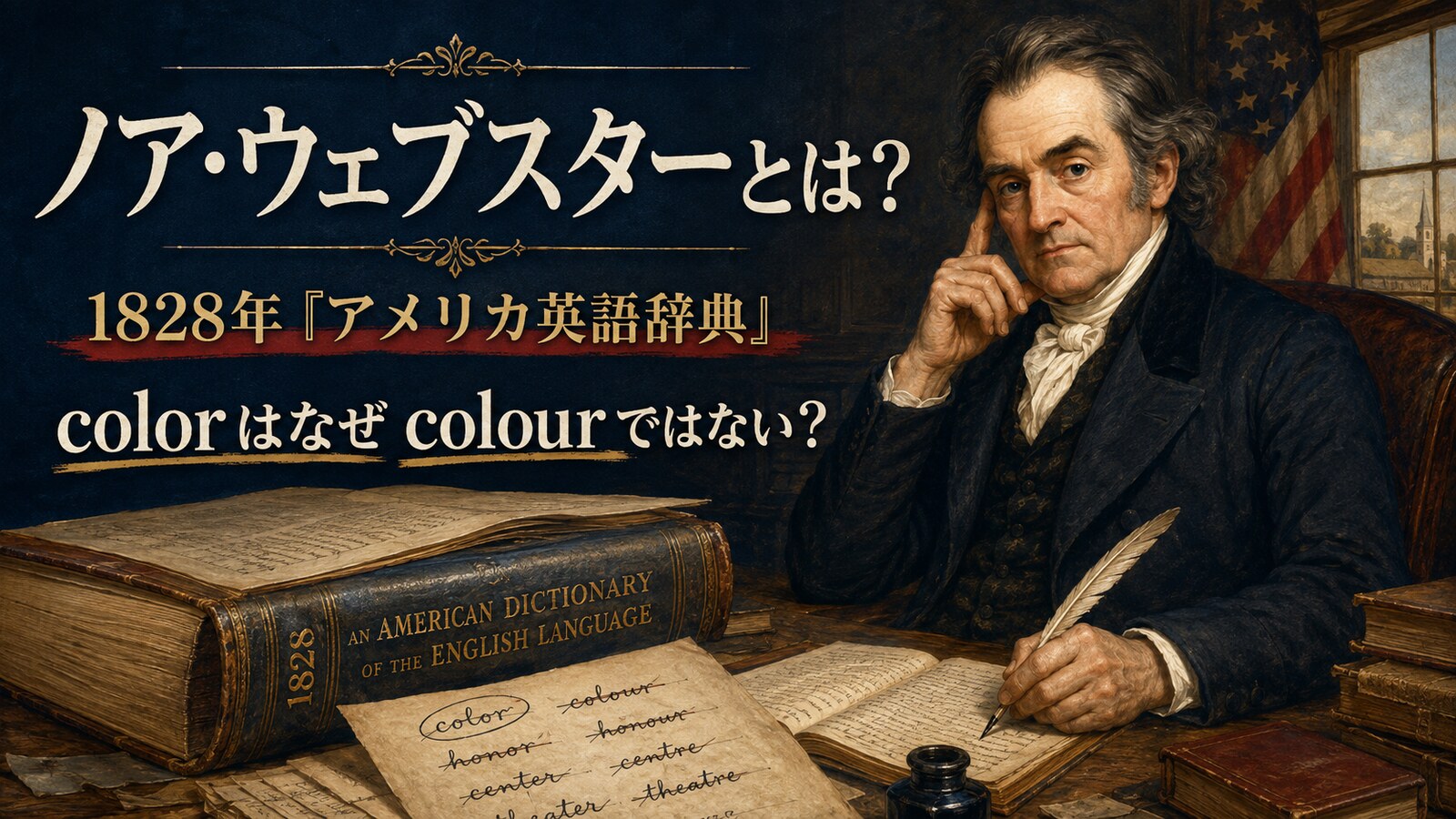 ノア・ウェブスターとは?1828年アメリカ英語辞典とcolorがcolourではない理由を解説するアイキャッチ