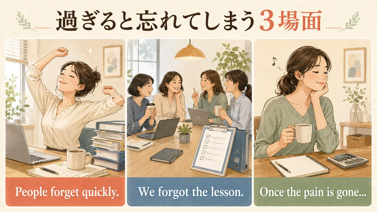 People forget quickly、We forgot the lesson、Once the pain is goneの事例イラスト