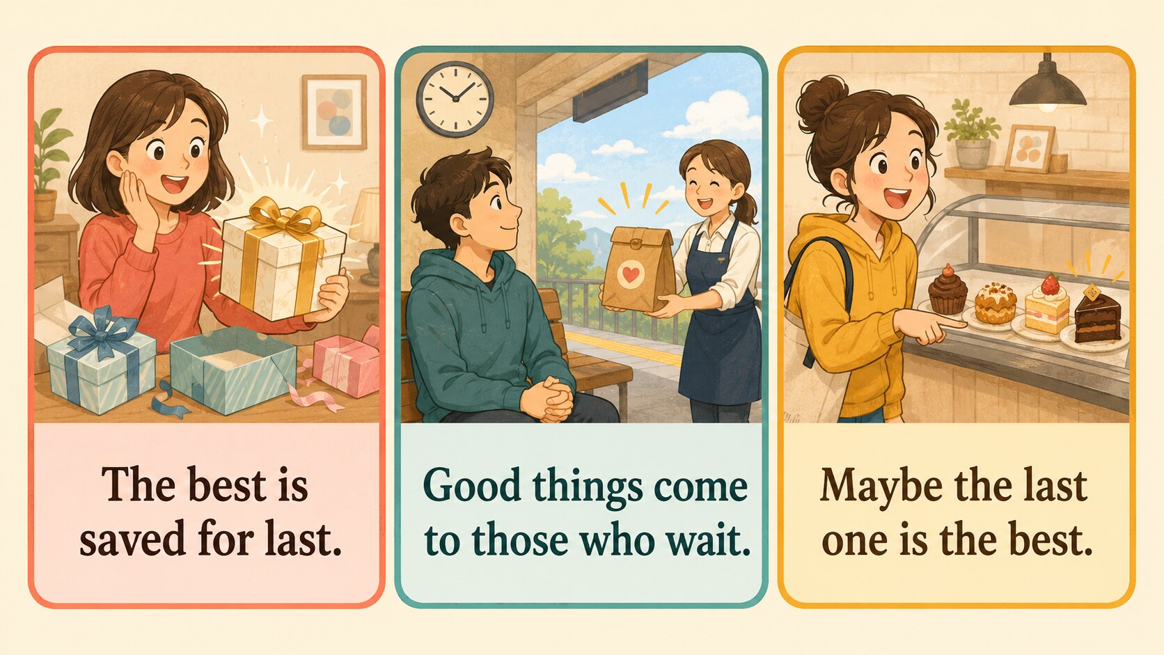 The best is saved for last、Good things come to those who wait、Maybe the last one is the best の使い分けイラスト