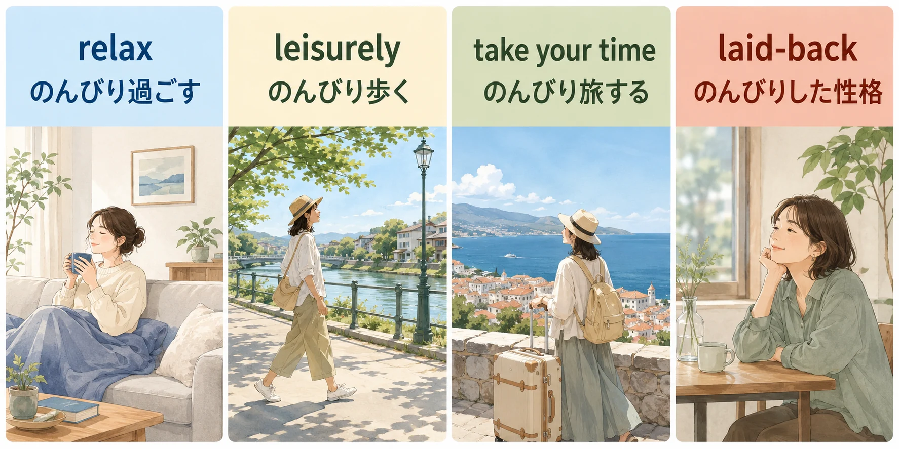 relax・leisurely・take your time・laid-backの使い分け