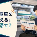 「乗る電車を間違える」は英語で？と書かれ、車内で反対方向だと気づく会社員のイラスト