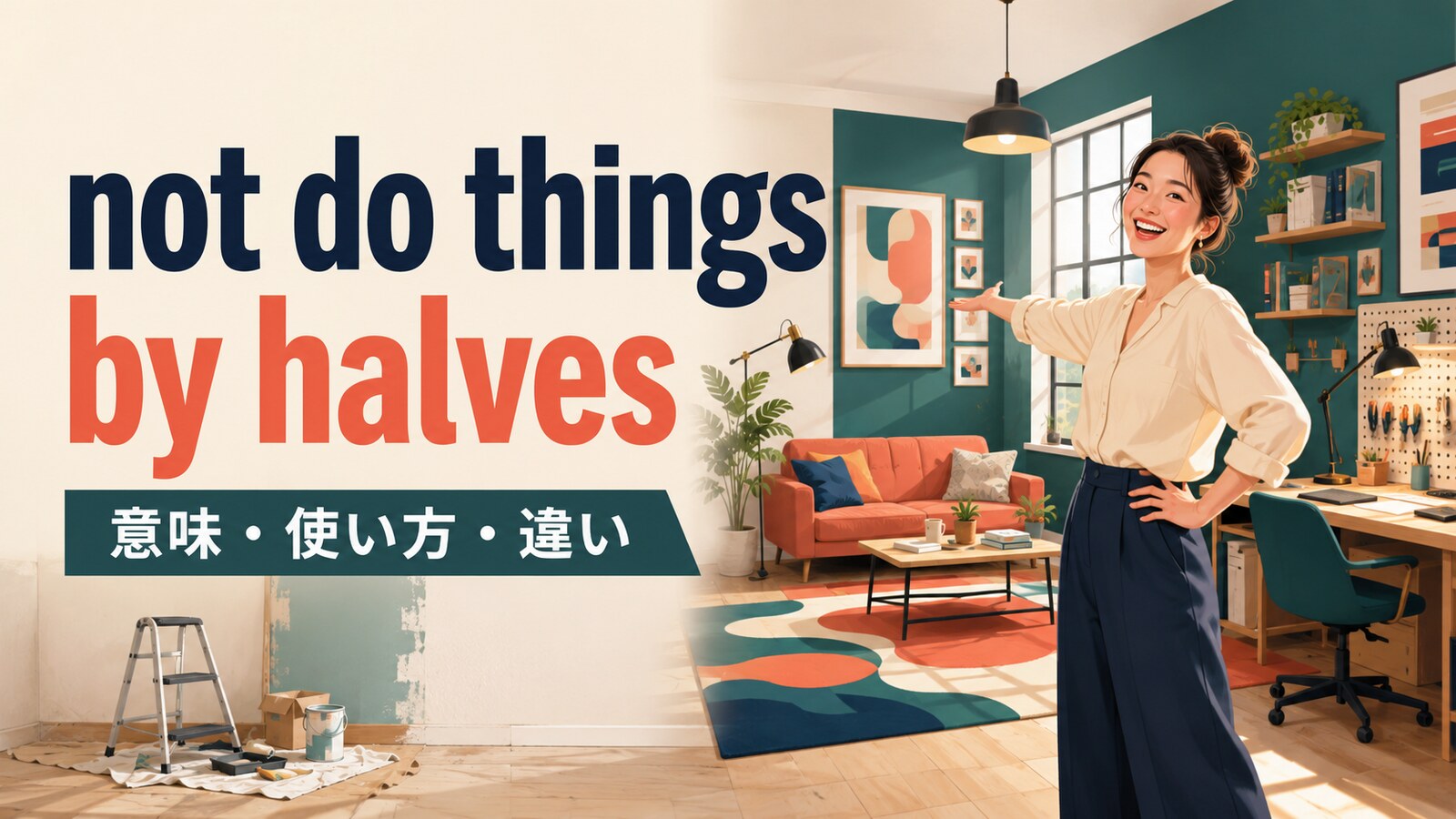 not do things by halvesの意味・使い方・違いを解説するアイキャッチ画像