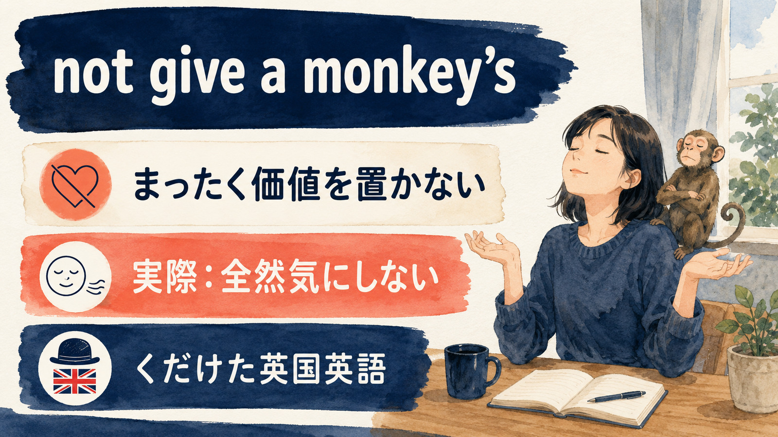 not give a monkey’sの直訳と実際の意味を比較する本文イラスト