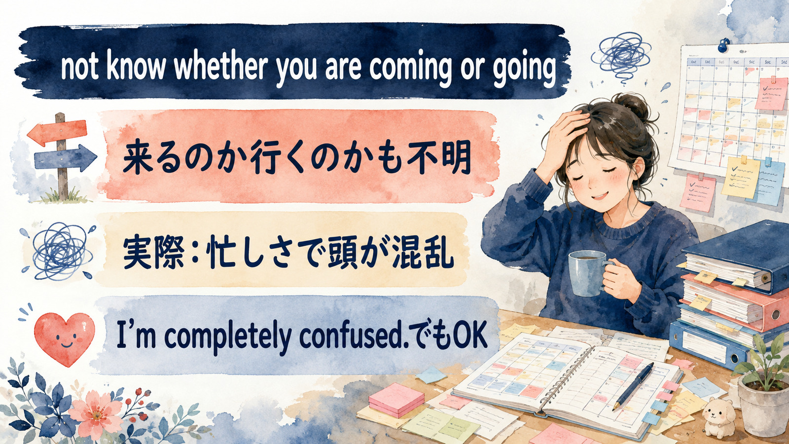 not know whether you are coming or goingの直訳と実際の意味を比較する本文イラスト