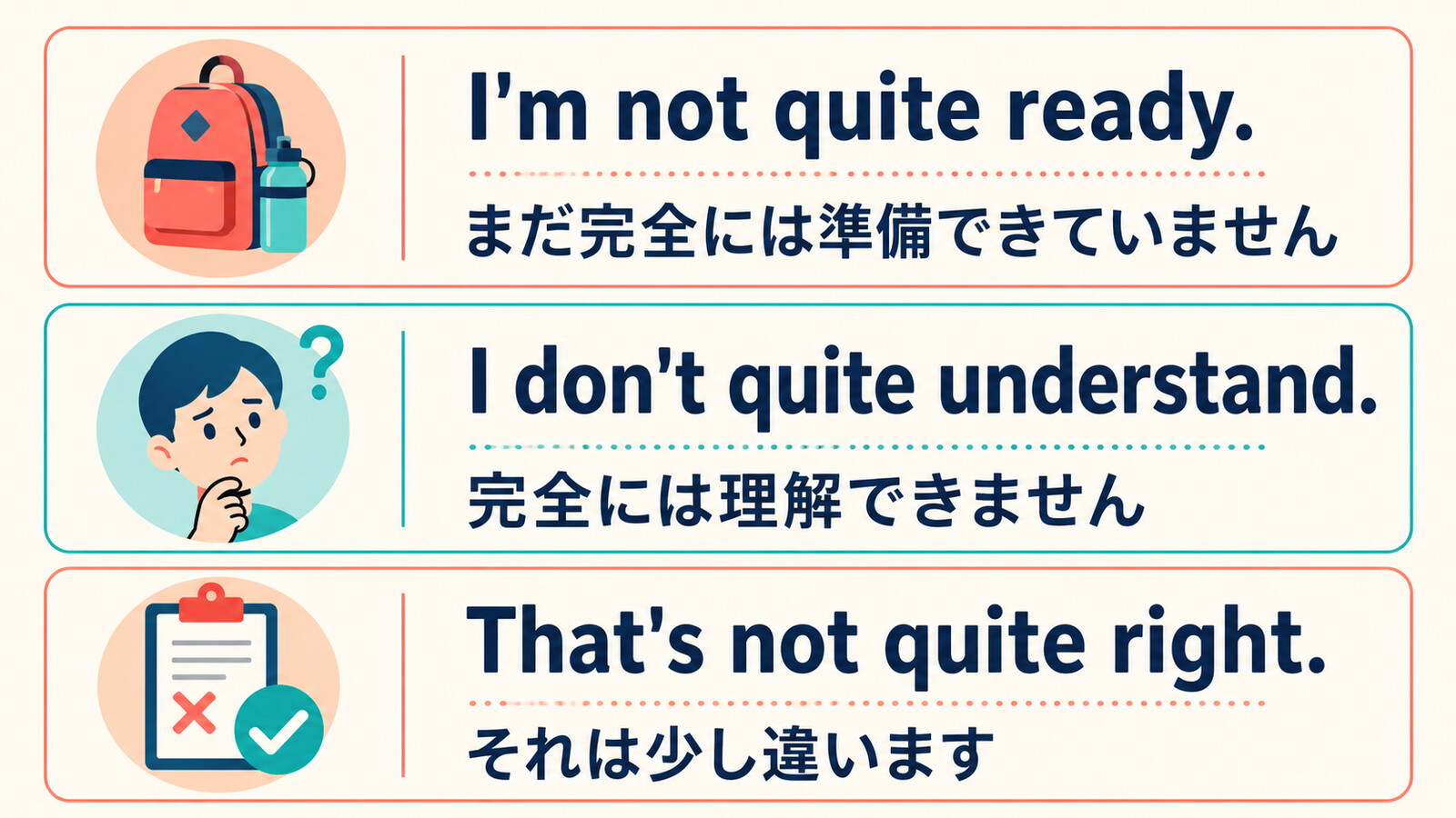 not quite ready・not quite understand・not quite rightの意味と例文