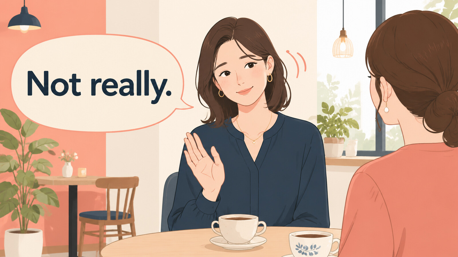 Not really.の意味と使い方を表す、質問にやわらかく答える女性のイラスト