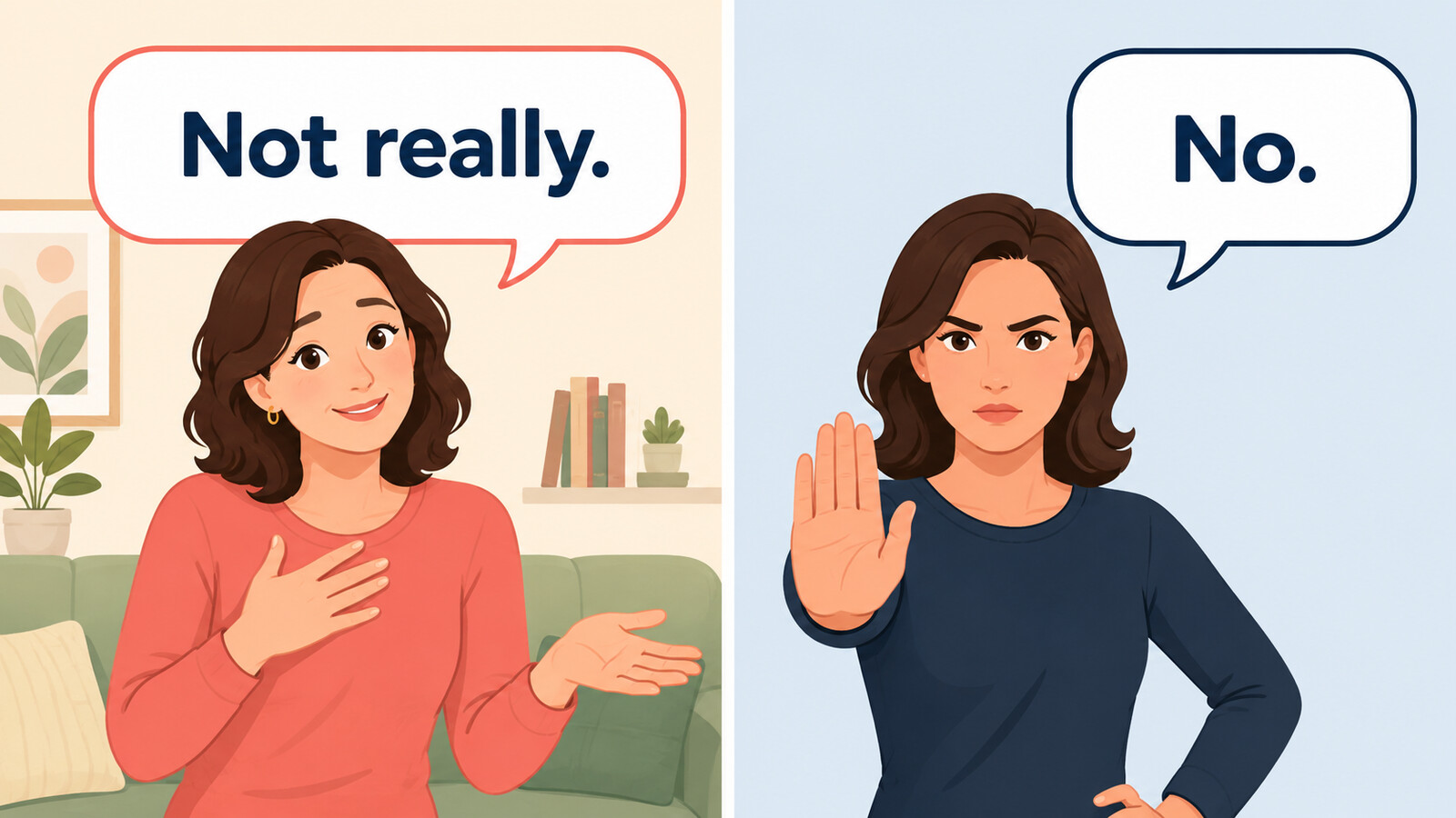 Not really.のやわらかい否定とNo.の明確な否定を比較するイラスト