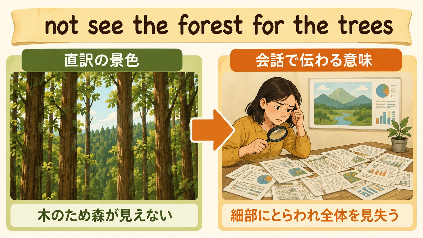 not see the forest for the treesの直訳と会話での意味を比較するイラスト