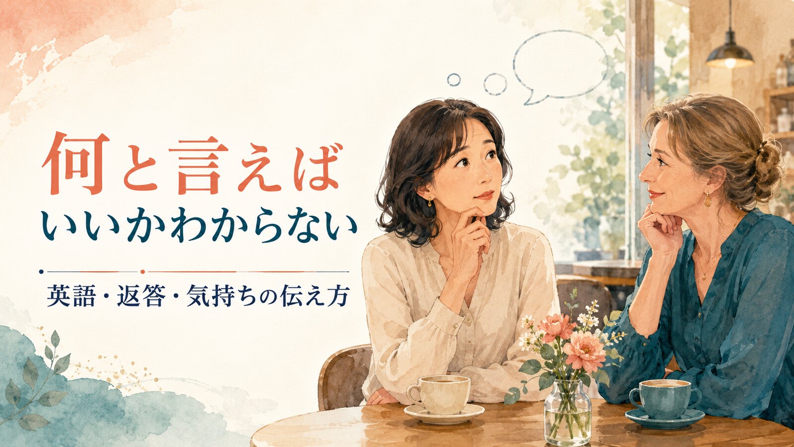 何と言えばいいか分からず考えている女性の英会話イラスト
