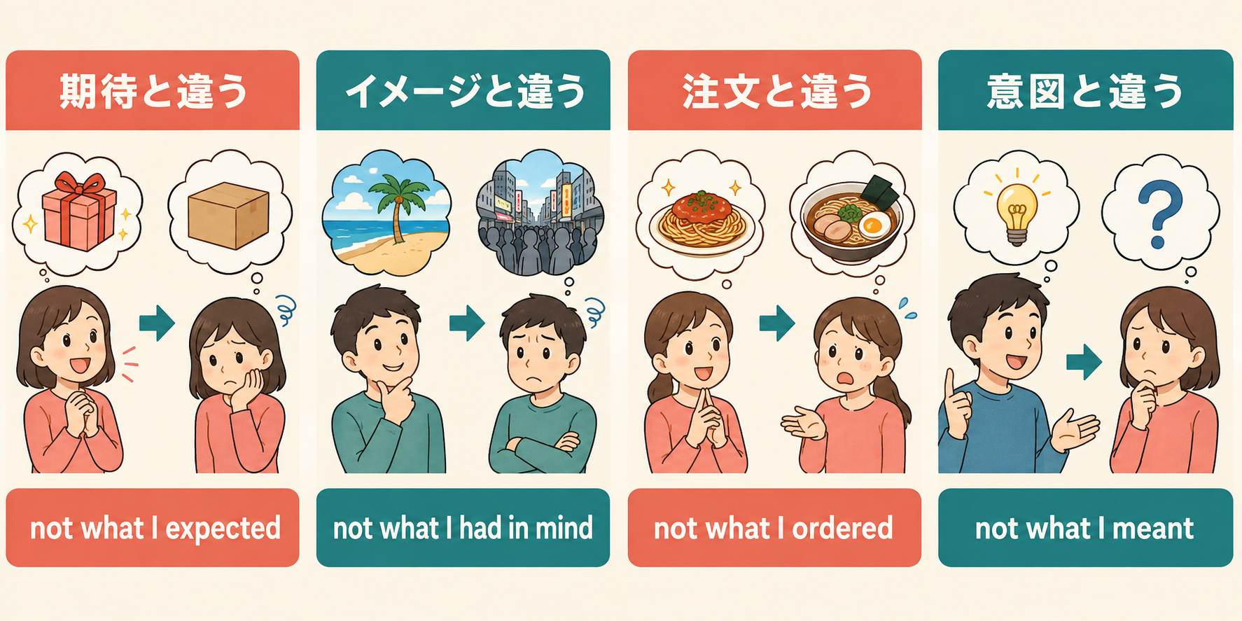 期待・イメージ・注文・意図が違う英語表現の比較