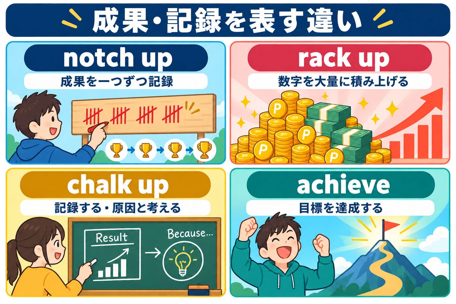 notch up・rack up・chalk up・achieveのニュアンスの違いを示す比較イラスト
