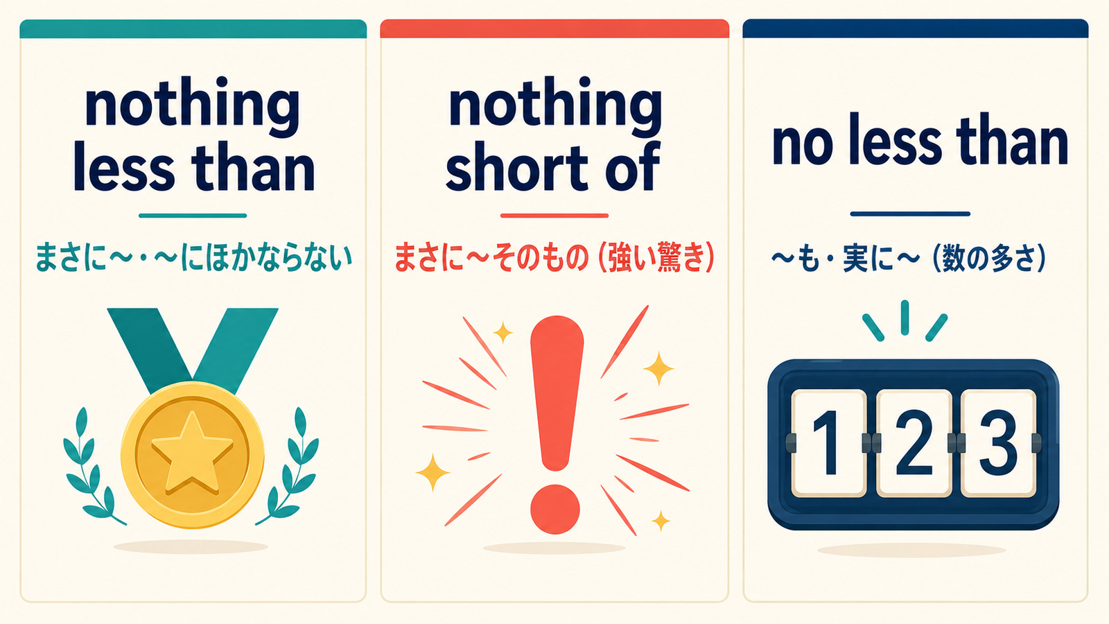 nothing less than・nothing short of・no less thanの意味とニュアンスの違いを比較する図