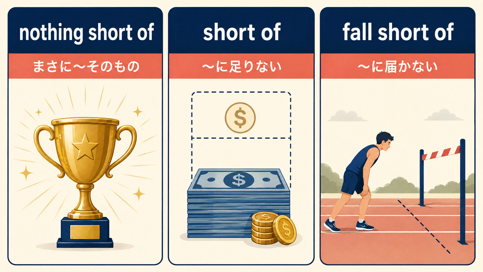 nothing short of、short of、fall short ofの意味とニュアンスの違いを比較した図