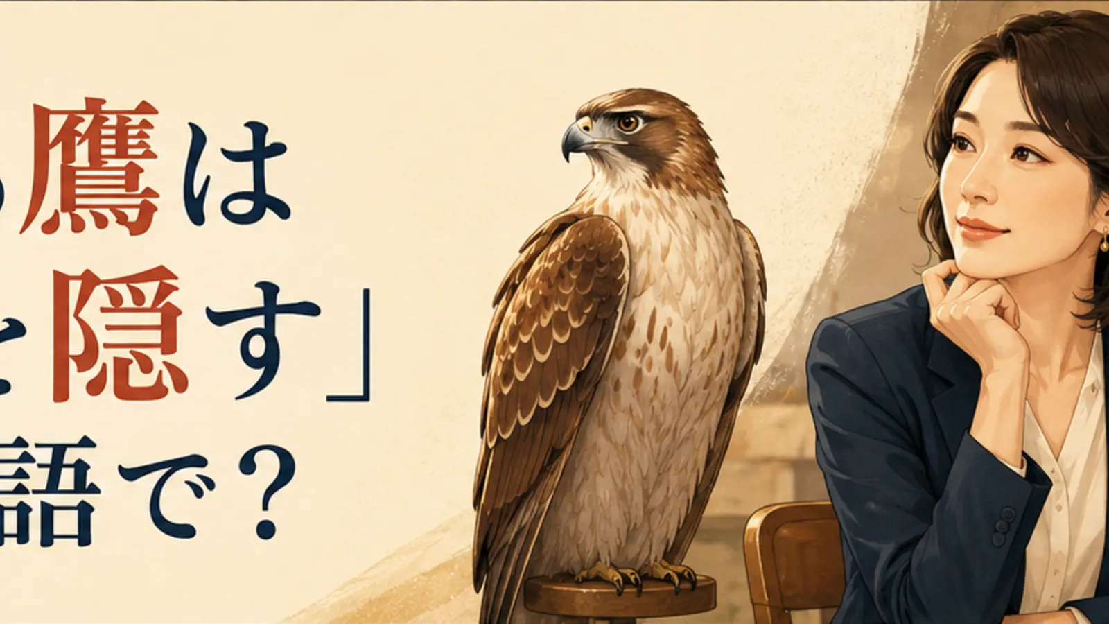 「能ある鷹は爪を隠す」は英語で?と鷹と女性を描いたイラスト