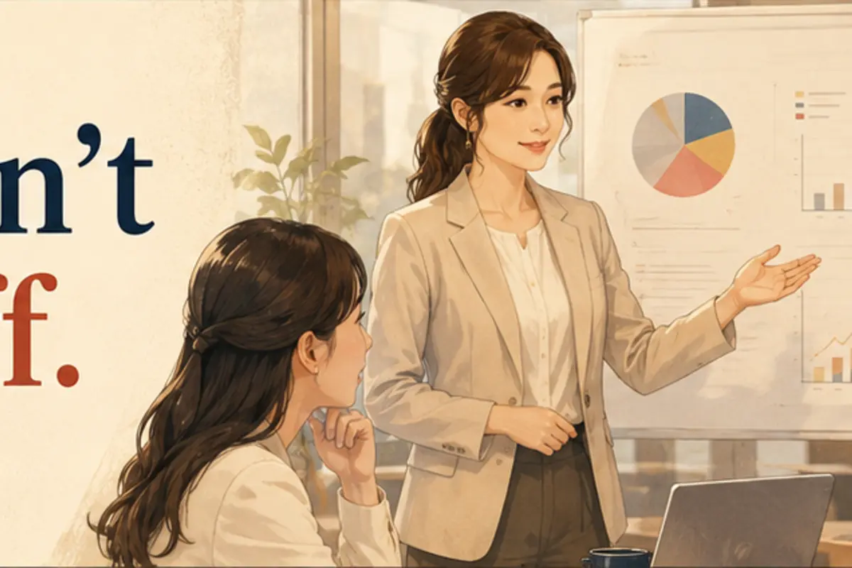 She doesn’t show off. の意味を表す初心者向け英語イラスト