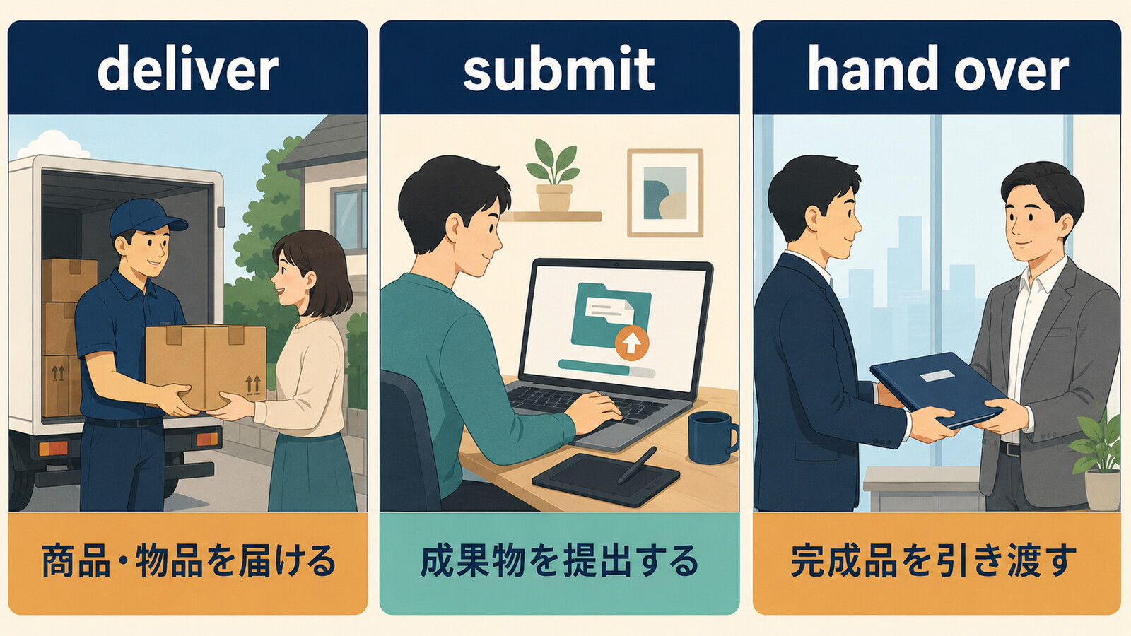 deliver、submit、hand overの違いを示す比較イラスト