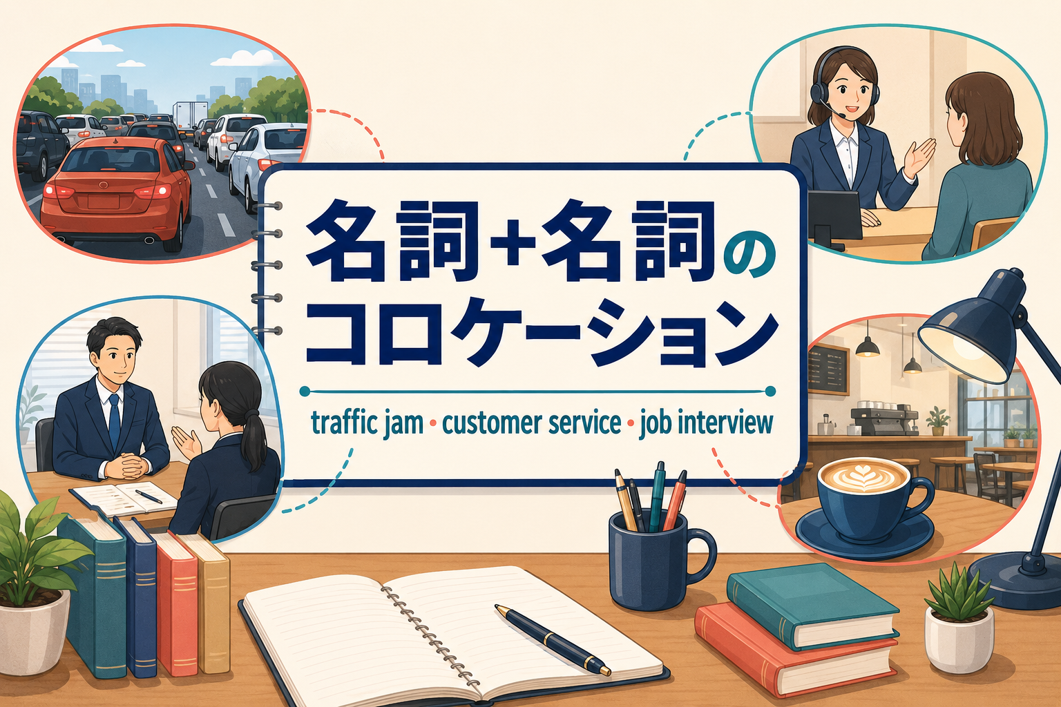 名詞＋名詞のコロケーションをtraffic jam・customer service・job interviewの場面で示したアイキャッチ