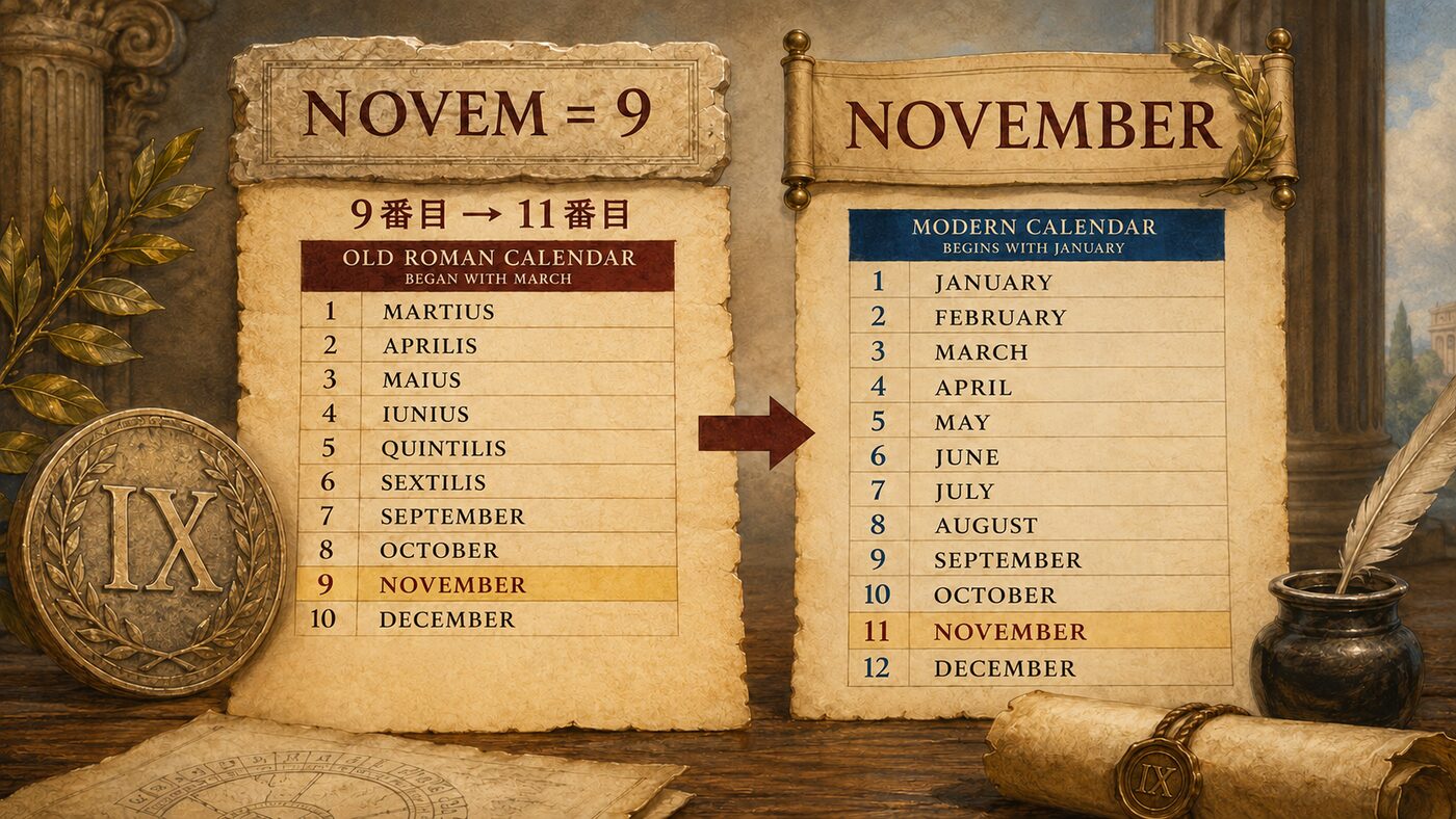 Novemberが3月始まりの暦で9番目だったことを示す由来イラスト