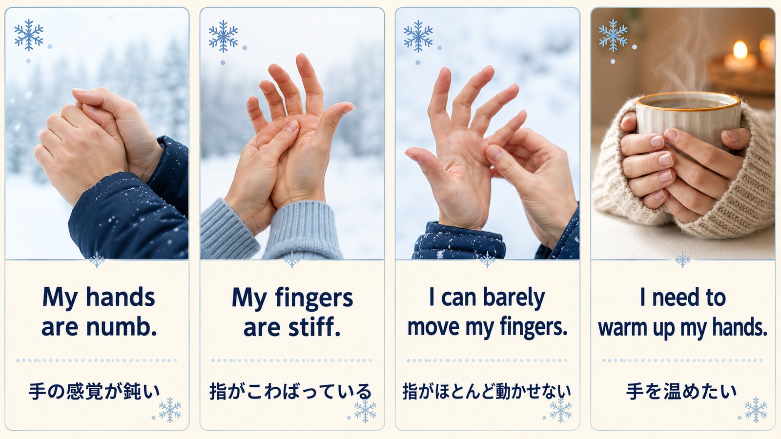 My hands are numb・My fingers are stiff・I can barely move my fingers・I need to warm up my handsを比較した図