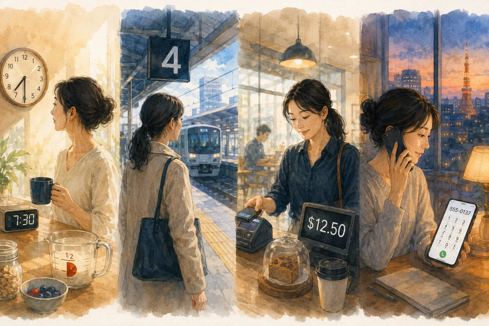 時計・駅・金額・分数・電話番号など生活の中で使う数字のイラスト