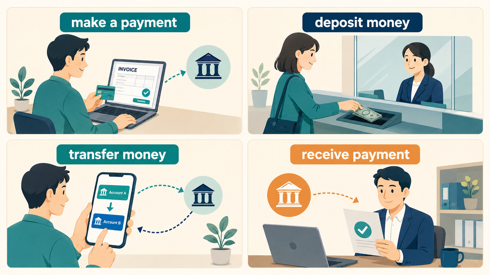 make a payment、deposit money、transfer money、receive paymentの違い