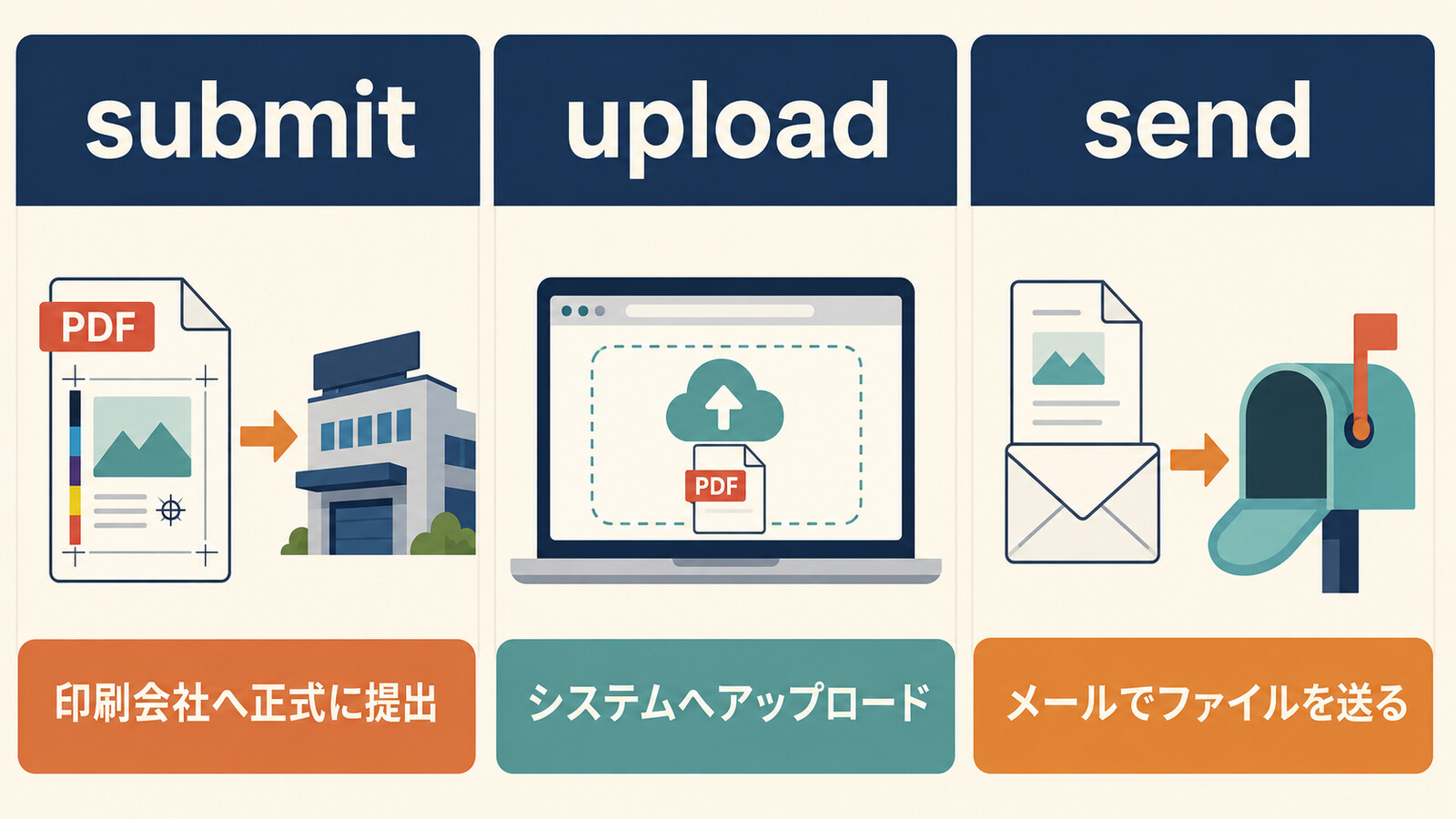 submit、upload、sendの違いを示す比較イラスト