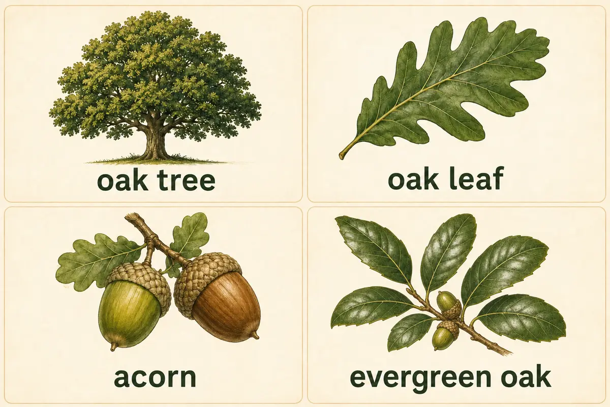 oak tree、oak leaf、acorn、evergreen oakの英語図解