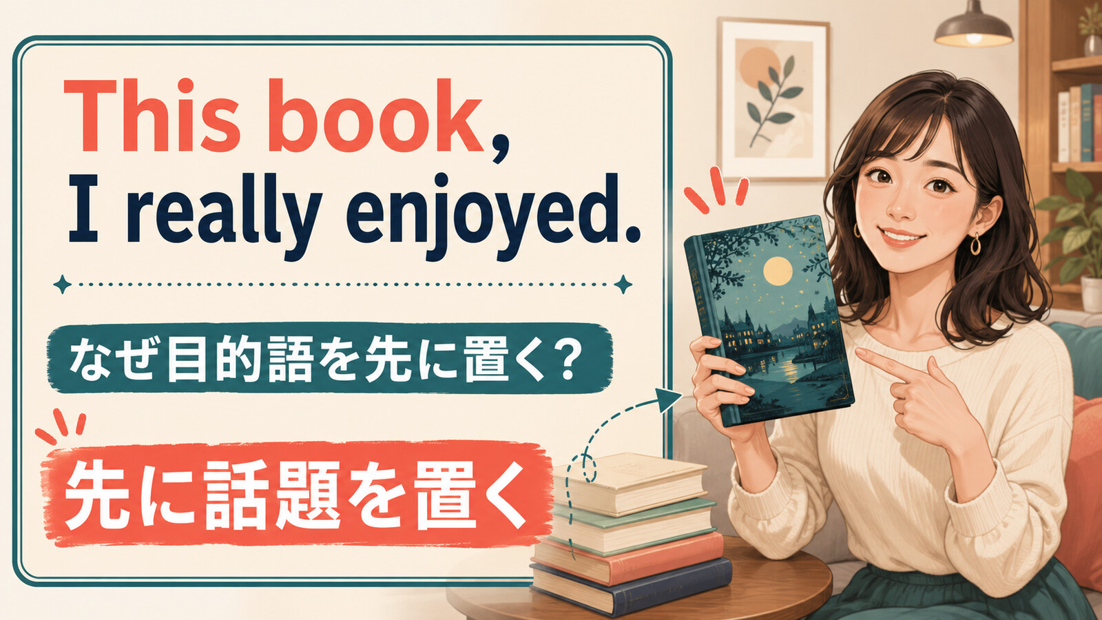This book, I really enjoyedで目的語を先に置いて話題を示すことを表すアイキャッチ
