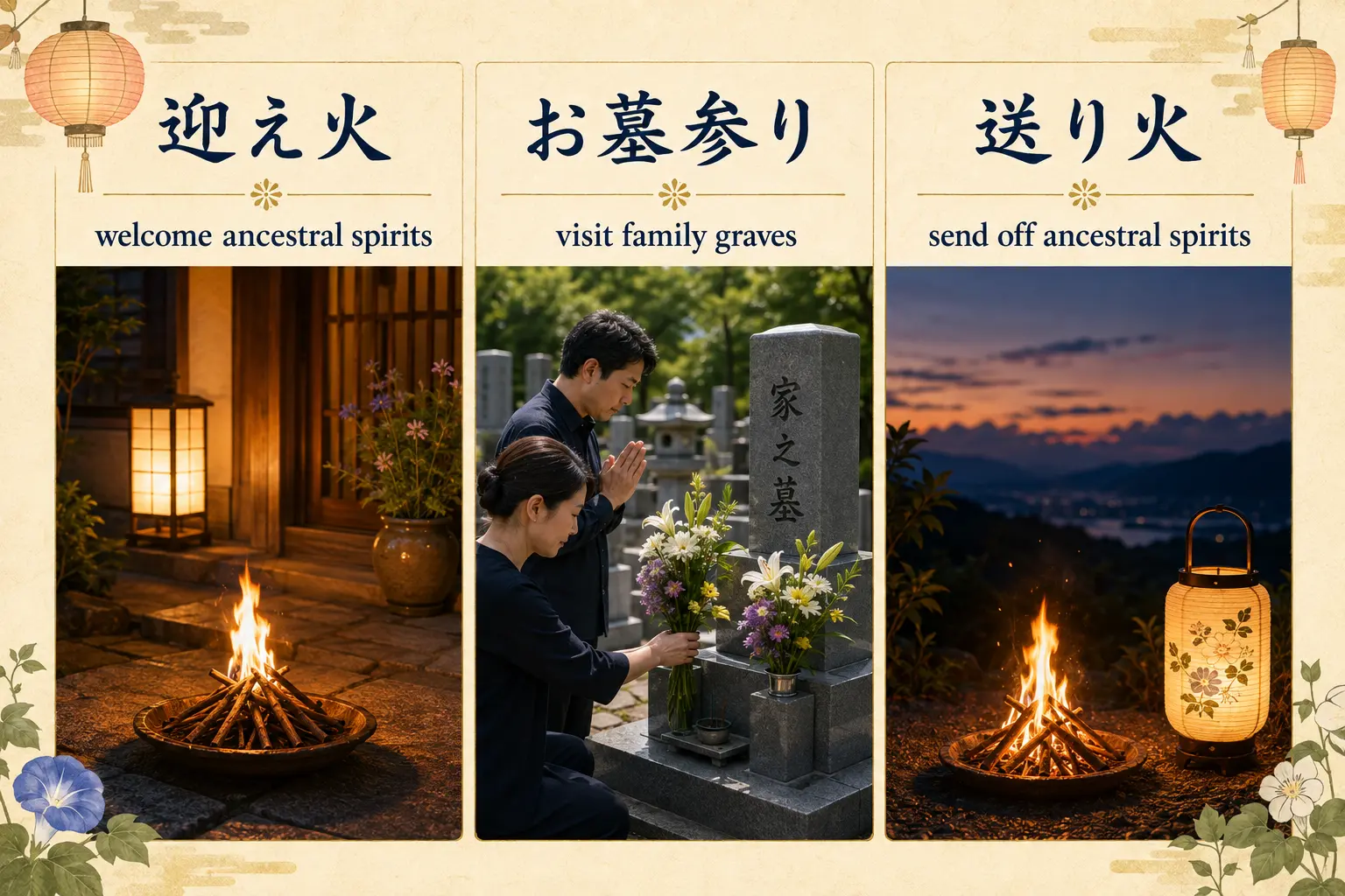 迎え火・お墓参り・送り火を英語で説明した比較図