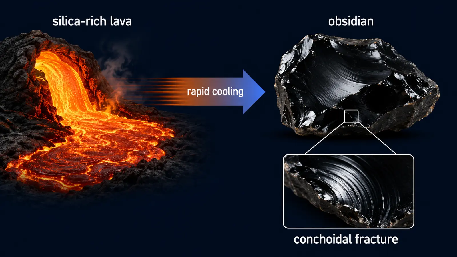 silica-rich lavaがrapid coolingでobsidianになりconchoidal fractureを示す解説図