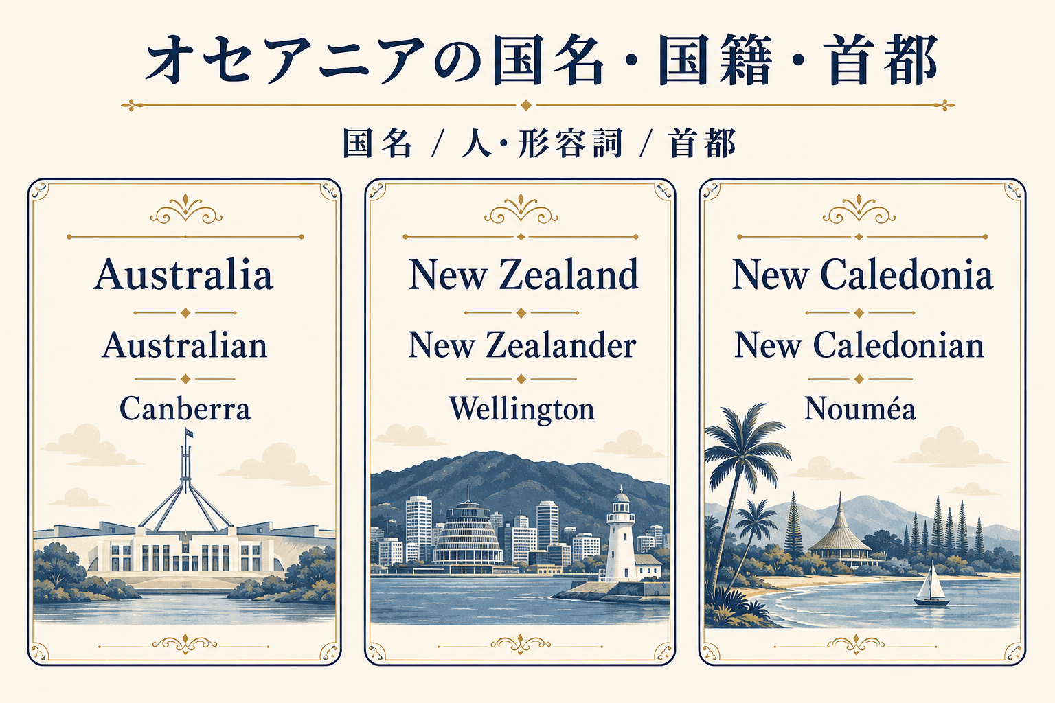 オーストラリア・ニュージーランド・ニューカレドニアの英語名・国籍・首都一覧