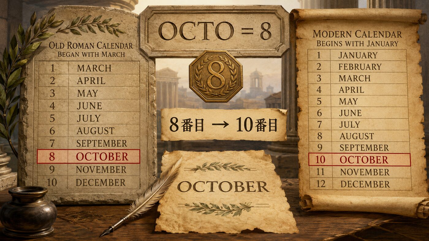 Octoberが3月始まりの暦で8番目だったことを示す由来イラスト