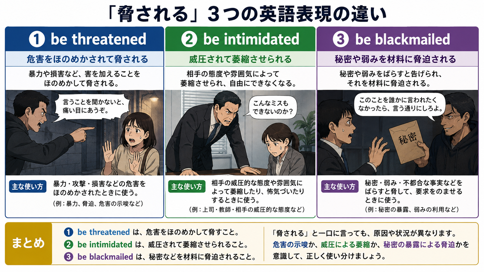 脅されるを表すbe threatened・be intimidated・be blackmailedの使い分け図