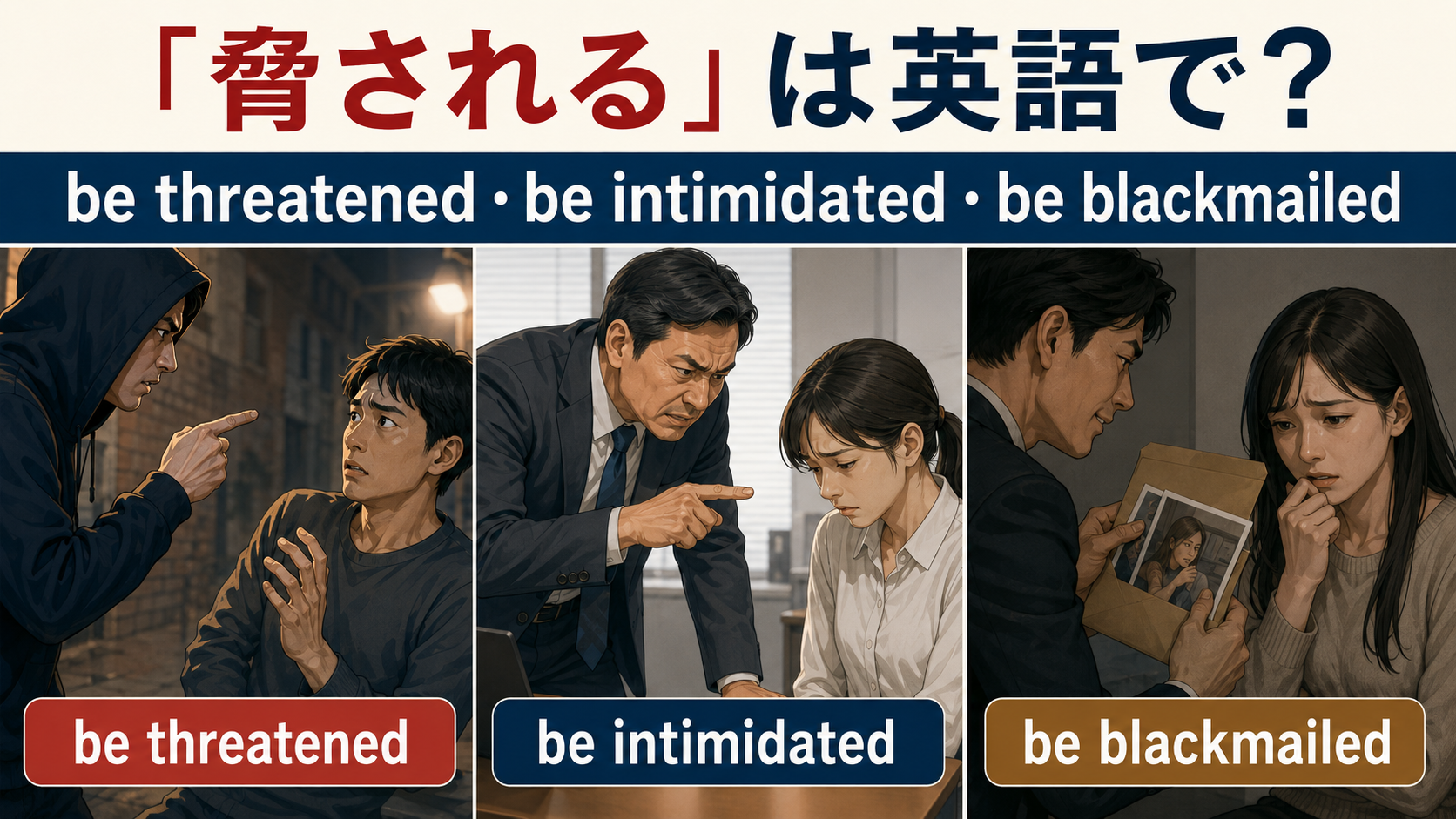 脅されるは英語で？be threatened・be intimidated・be blackmailedの違い