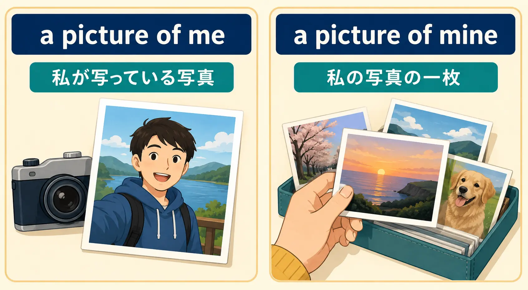a picture of meとa picture of mineの意味の違いを説明する図