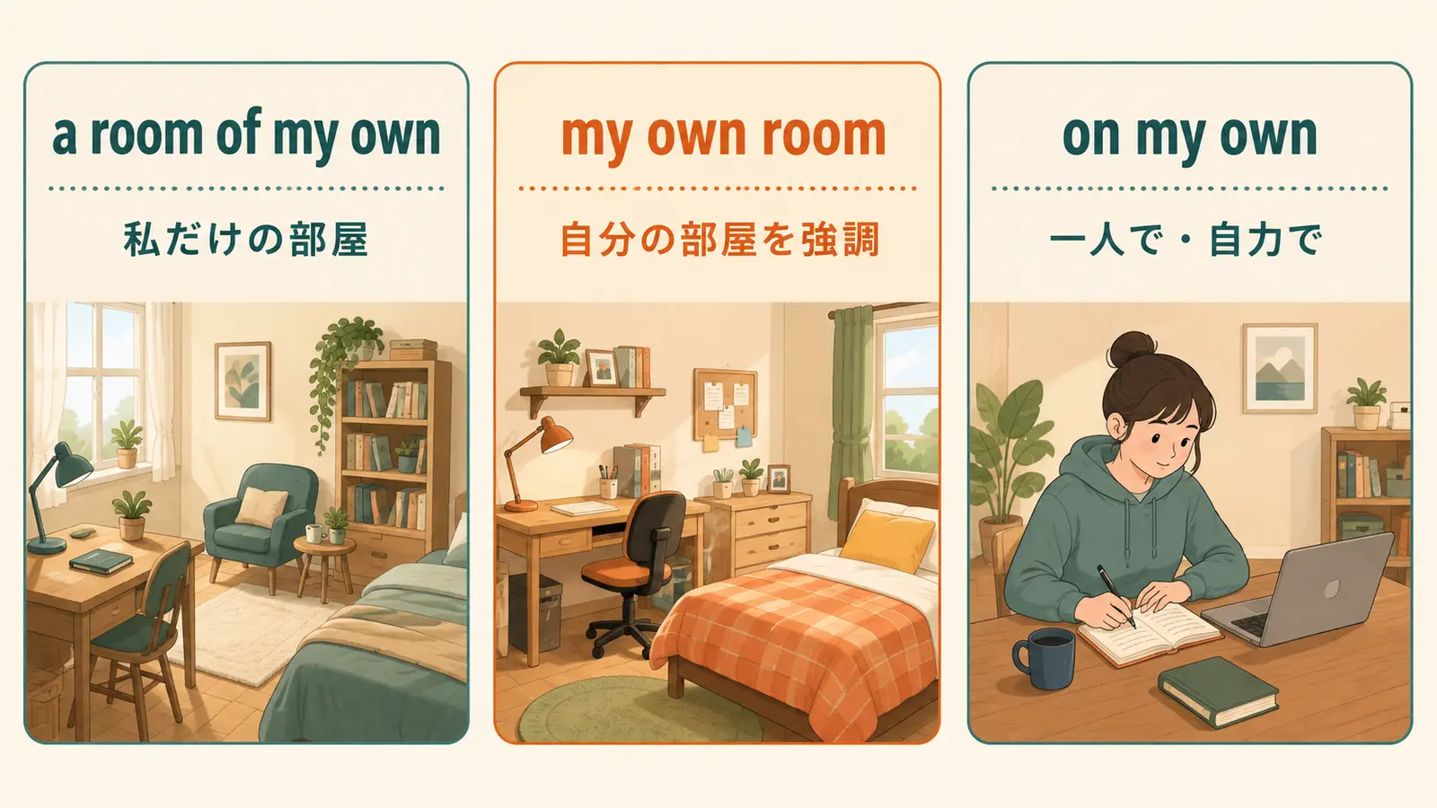 a room of my own・my own room・on my ownの違いを比較する図