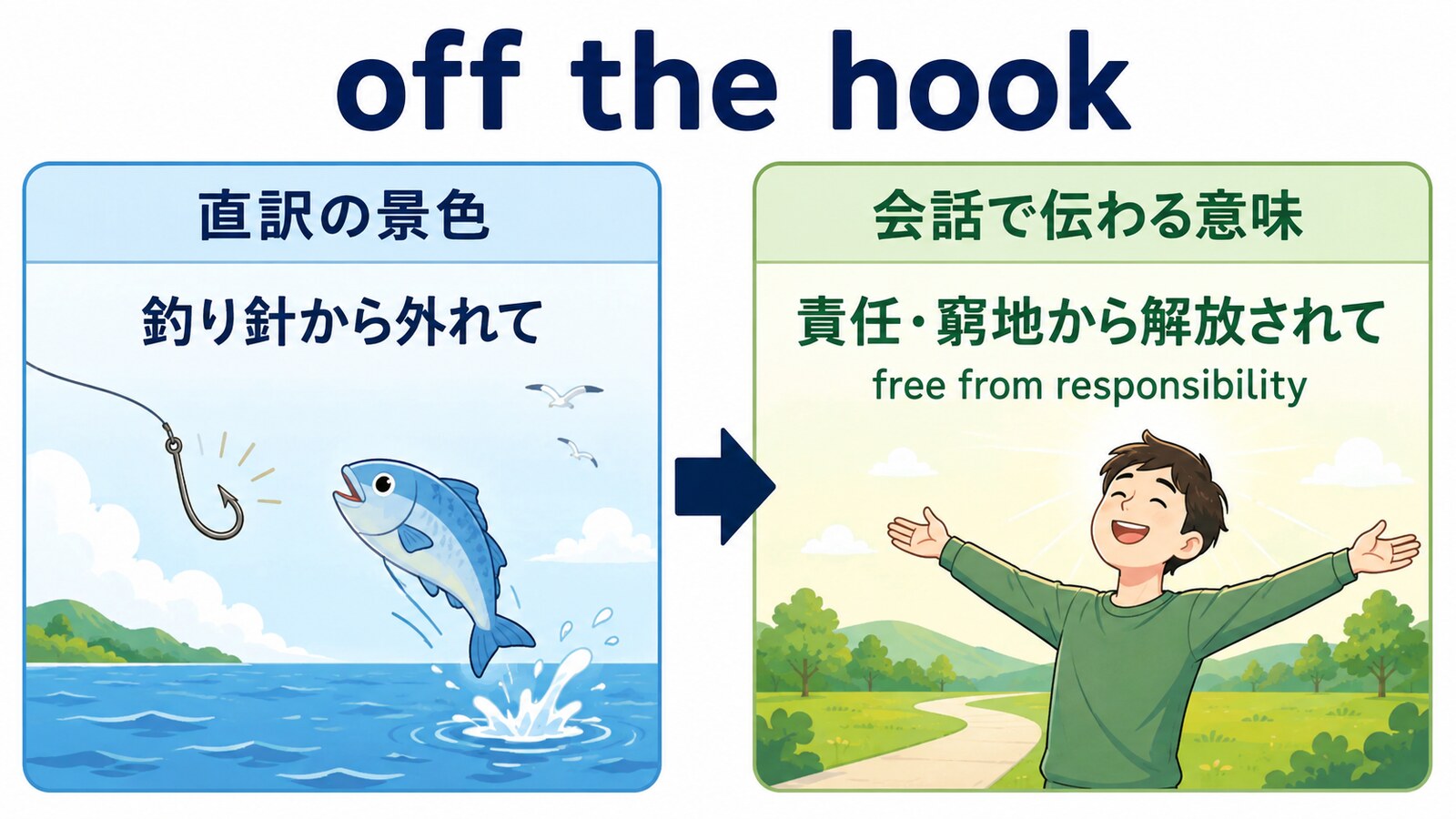 off the hookの直訳と会話での意味を比較する解説イラスト