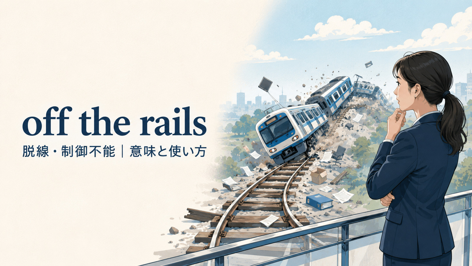 off the railsの意味・使い方・例文を解説するアイキャッチ画像