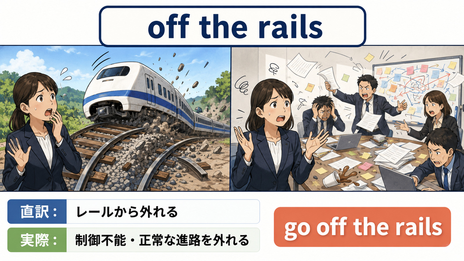 off the railsの直訳と実際の意味を比較する本文イラスト