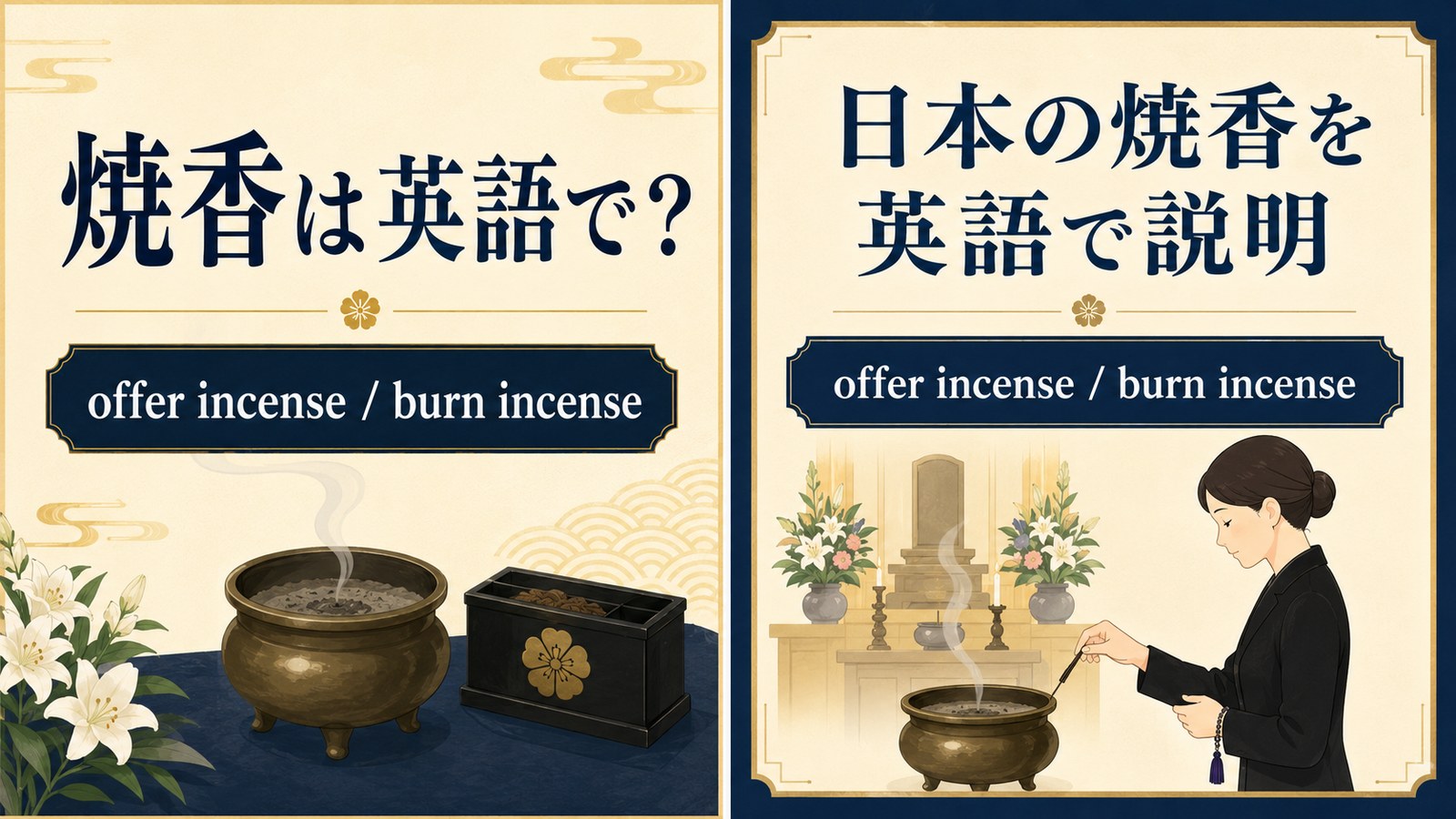 焼香は英語で?offer incense / burn incenseを解説するアイキャッチ