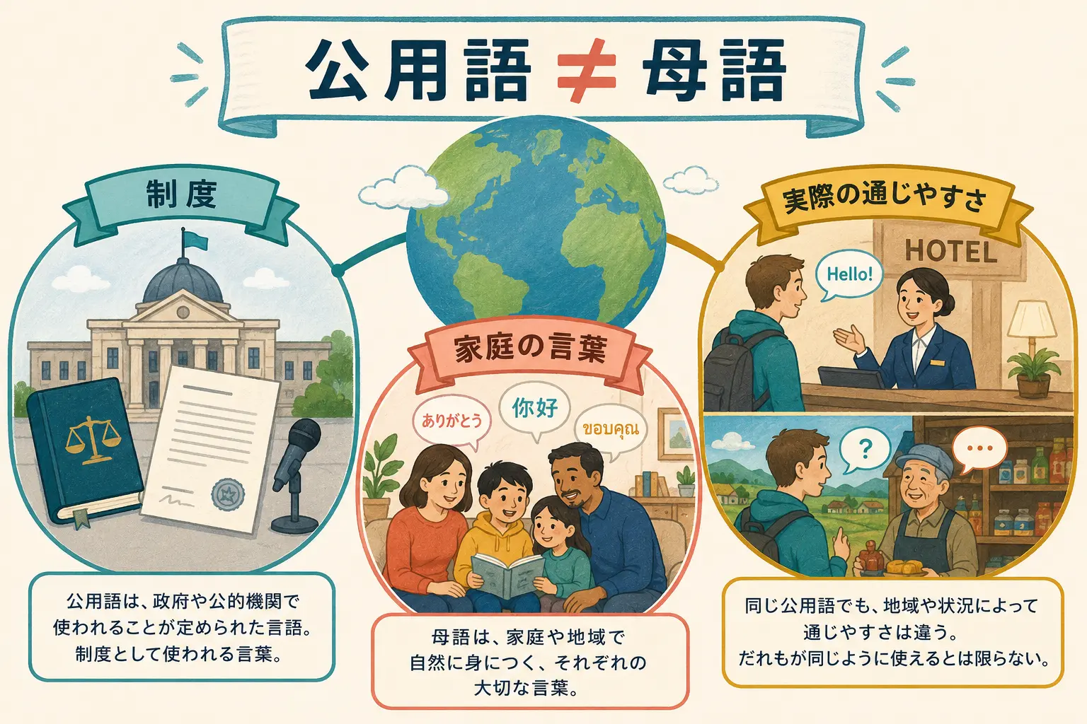 公用語・母語・実際の通じやすさの違いを表す図解